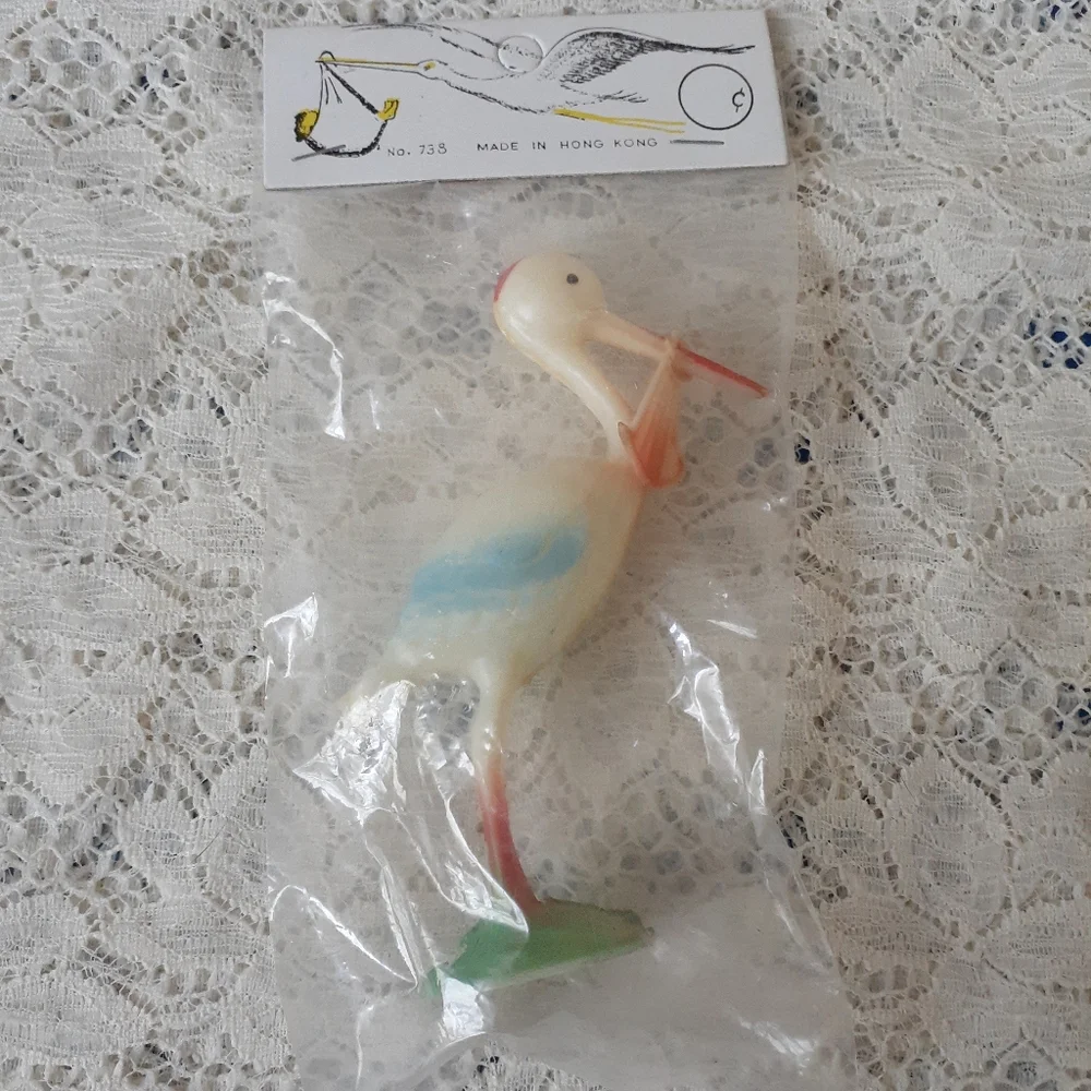 Vintage Hard Plastic Stork Cake Topper Craft Supply or Decoration Hong Kong Made
